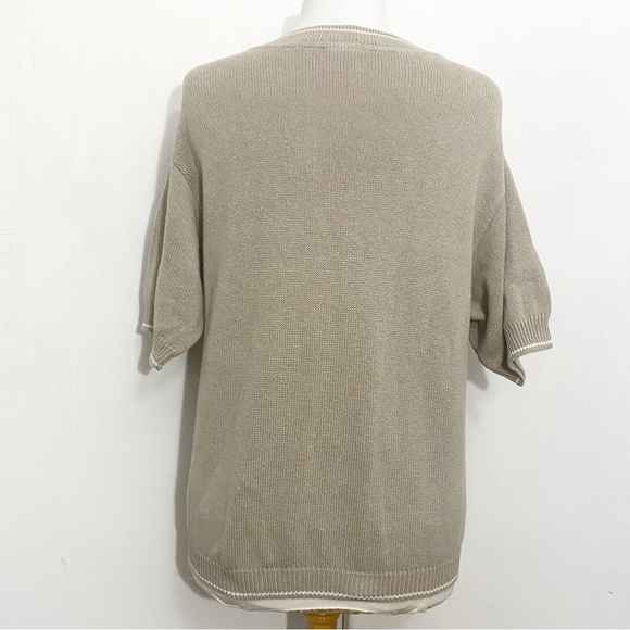 AILEEN mixed media knit short sleeve sweater gold embroidered emblem on chest M - Picture 5 of 7